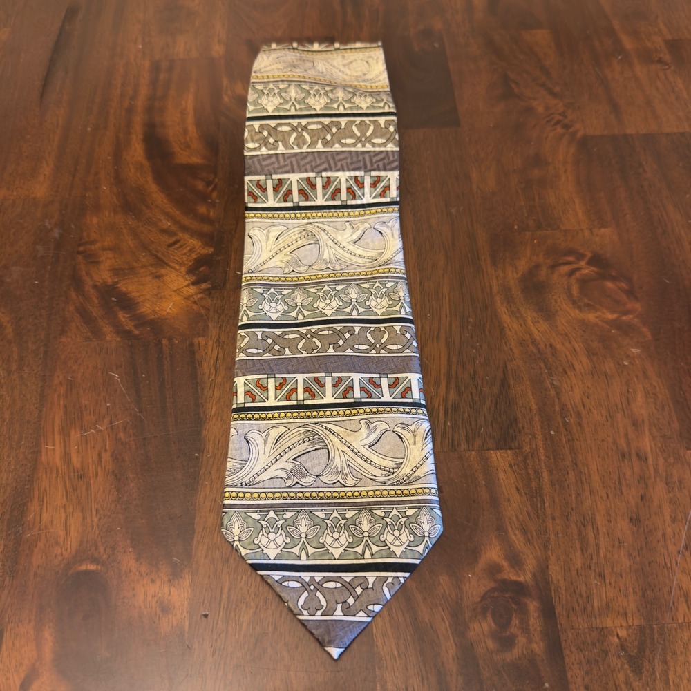 Tesoro Rosso Mens Silk Tie Handmade Italy Grey Green Geometric Scroll Pattern